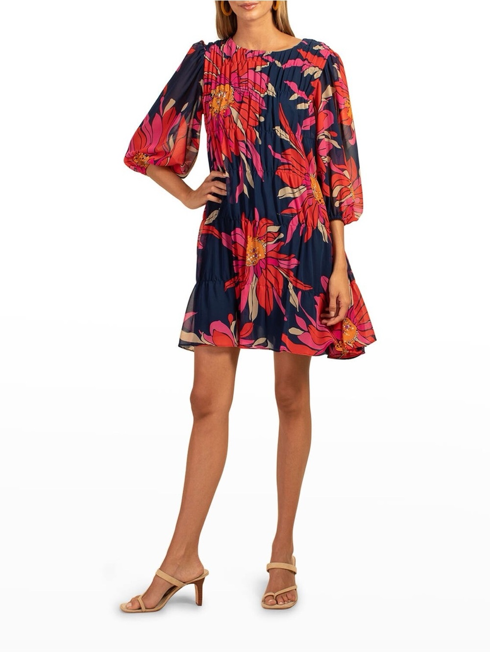 Trina Turk Silvery Mini Floral Long Balloon Sleeve Dress sz M